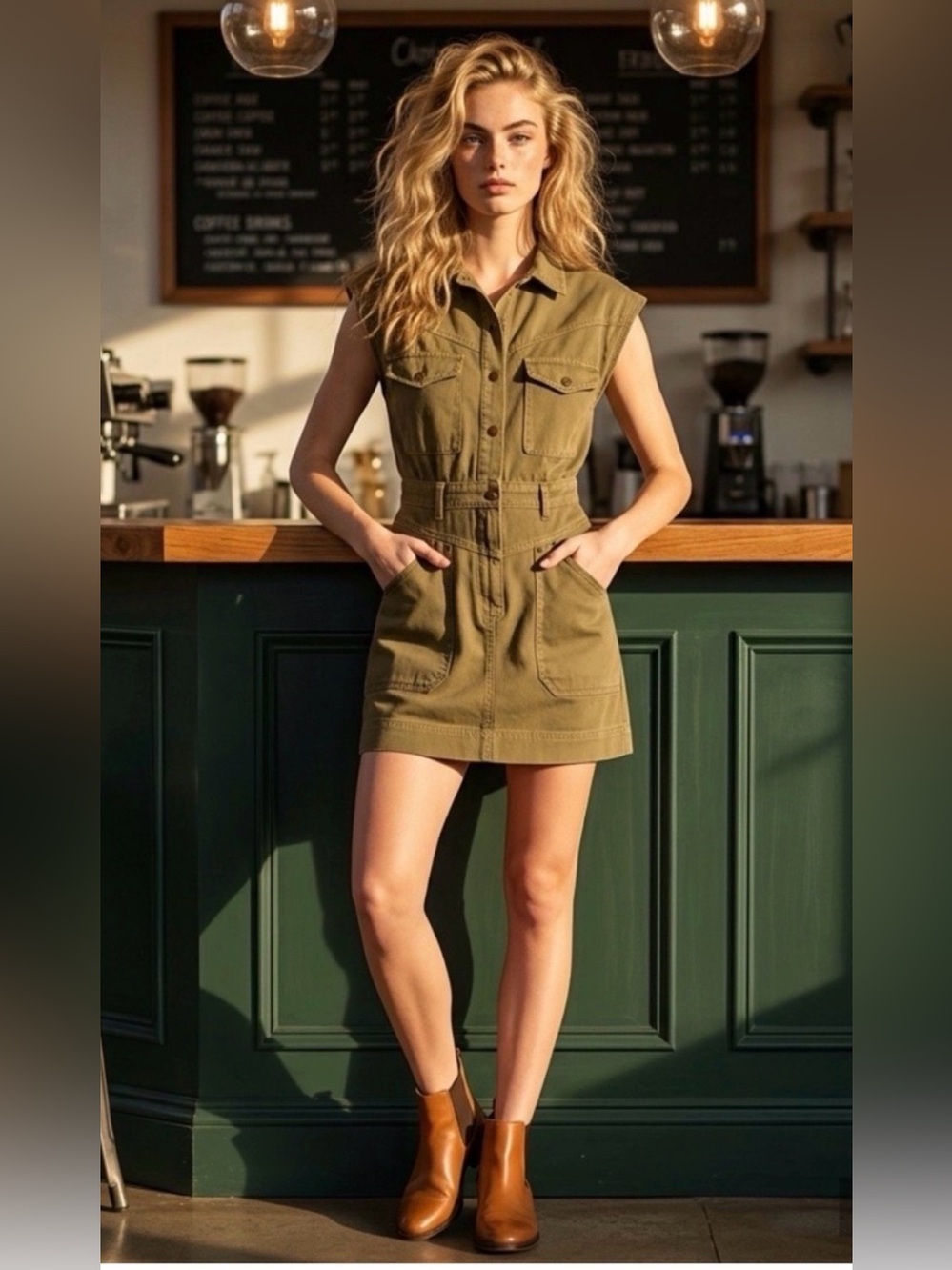 NWT Miou Muse Eleanor Mini Dress in Olive Denim Cargo utility dress s